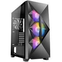 Black mid tower gaming case with tempered glass side panel, RGB fans, and geometrical mesh design by ANTEC. Black mid tower gaming case with tempered glass side panel, RGB fans, and geometrical mesh design by ANTEC.